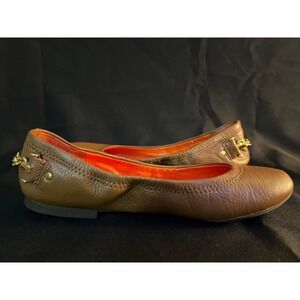 Ralph Lauren Barb brown leather round toe ballet flat with gold chain sz 6.5